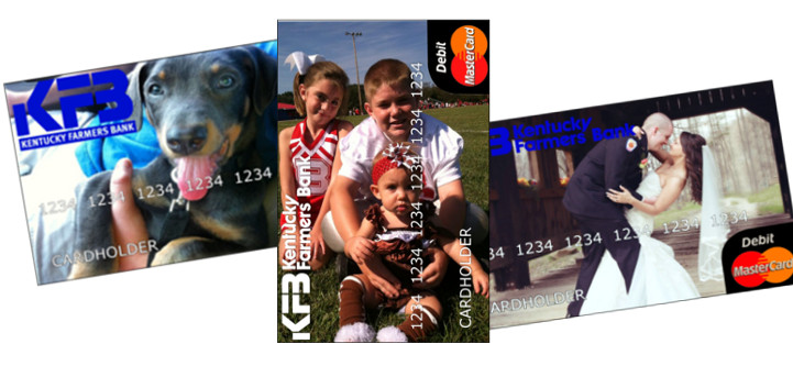 three debit cards with customized pictures on them. The first debit card has an image of a dog. Second debit card with three young children. Third debit card with bride and groom kissing on bridge.